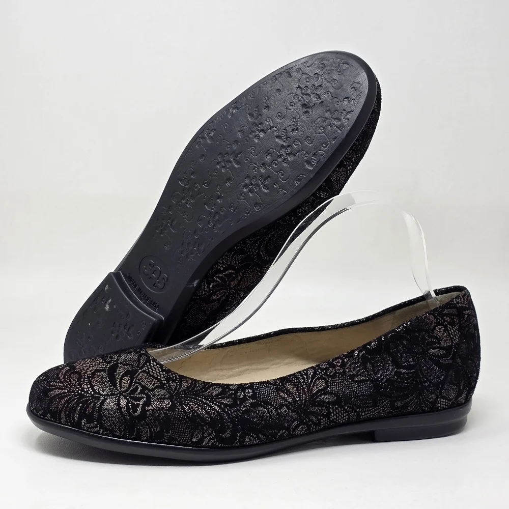 SAS Womens Scenic Floral Ballet Flats Black Suede Made In USA Sz 10 N Pre-owned